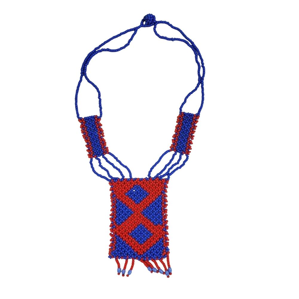 Vintage African Beaded Necklace Red Blue Handcrafted Tribal Statement Piece